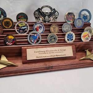 4 row Challenge coin rack with personalized plate. Great gift for retirement or promotions! (Coins & Airplane not included)