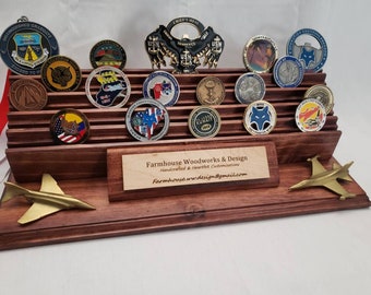 4 row Challenge coin rack with personalized plate. Great gift for retirement or promotions! (Coins & Airplane not included)