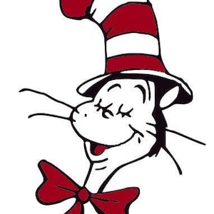 Può includere: Illustrazione di un gatto sorridente con un cappello alto a righe rosse e bianche e un papillon rosso. Il gatto ha gli occhi chiusi e lunghi baffi, un classico design di personaggi dei cartoni animati.