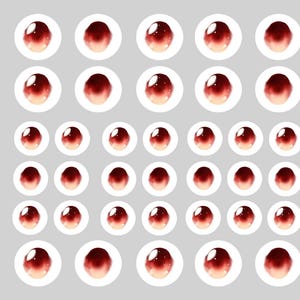 May include: A set of 49 red and white eye stickers. The stickers are round and have a gradient design. They are perfect for adding a touch of whimsy to any project.