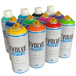 Evolve Agua Water Based Spray Paint 12 Pack Set. Indoor and Outdoor use. Similar to MTN, Montana, Belton & Molotow and Ironlak Spray Paint