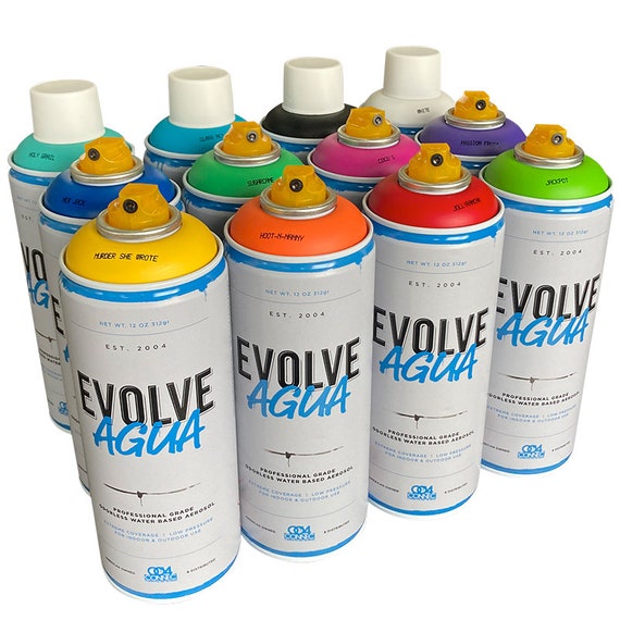 Evolve Agua Water Based Spray Paint 12 Pack Set. Indoor and Outdoor use.  Similar to MTN, Montana, Belton & Molotow and Ironlak Spray Paint