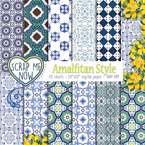 Carta Digitale Costiera Amalfitana 12"x 12" 300 DPI, maioliche decorate per scrapbooking, inviti, sfondi, decoupage, junk journal