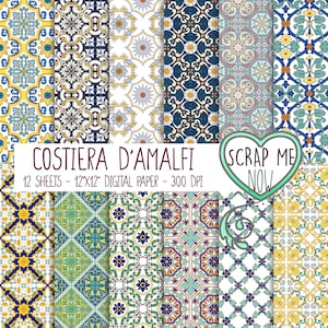 Carta Digitale Costiera d'Amalfi 12"x 12" 300 DPI, maioliche decorate per scrapbooking, inviti, sfondi, decoupage, fantasia di piastrelle