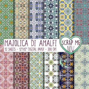 Carta Digitale Costiera Amalfitana 12"x 12" 300 DPI, maioliche decorate per scrapbooking, inviti, sfondi, decoupage, junk journal