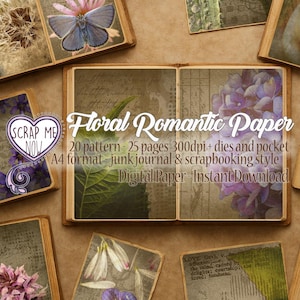 Può includere: Un libro aperto con illustrazioni floreali e di farfalle, circondato da piccole carte con disegni simili. Il testo "Floral Romantic Paper" è visualizzato, insieme ai dettagli sul pacchetto di carta digitale.
