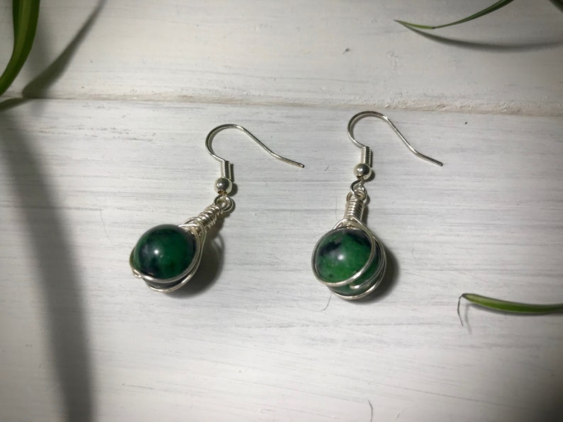 Ruby Zoisite Gem Stone Dangle and Drop Ear Rings Silver Plate Ear Wire and Wire Wrapped Chakra Jewellery