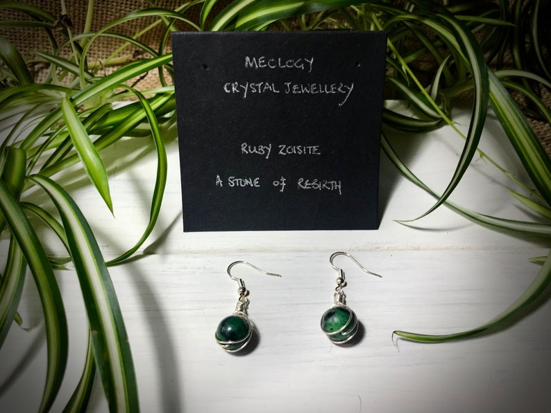 Ruby Zoisite Gem Stone Dangle and Drop Ear Rings Silver Plate Ear Wire and Wire Wrapped Chakra Jewellery