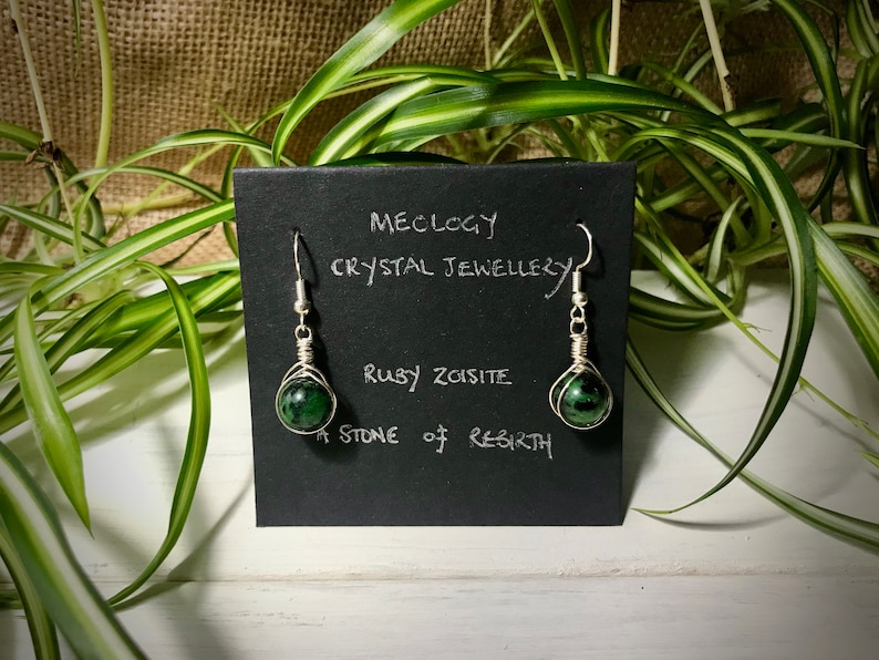 Ruby Zoisite Gem Stone Dangle and Drop Ear Rings Silver Plate Ear Wire and Wire Wrapped Chakra Jewellery