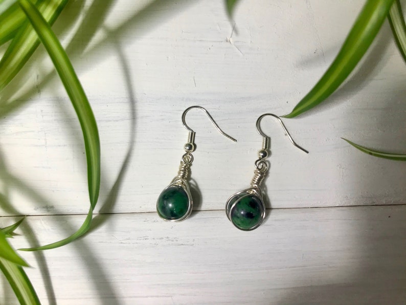 Ruby Zoisite Gem Stone Dangle and Drop Ear Rings Silver Plate Ear Wire and Wire Wrapped Chakra Jewellery