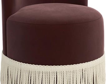 Pouf rotondo imbottito su misura in finta mohair con frange - sedia da toeletta con frange bullion - sedia da toeletta rotonda su misura - pouf con frange su misura - bullion