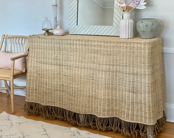 TROMPE L'OEIL console table- wicker- rattan console - glass top console - 1980's - wicker table -palm beach-vintage console table