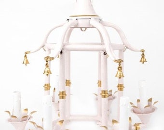 Bamboo chandelier-tole pagoda - girls room - chinoiserie- chic - pagoda - mid century - painted metal -bamboo pendant -pastel-blush -gilded
