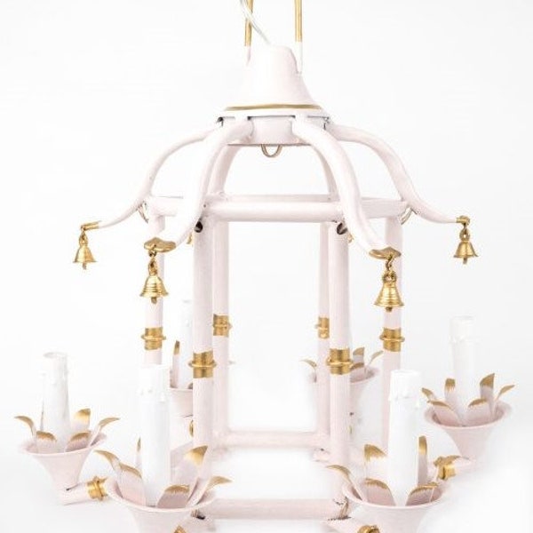 Bamboo chandelier-tole pagoda - girls room - chinoiserie- chic - pagoda - mid century - painted metal -bamboo pendant -pastel-blush -gilded