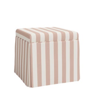 New skirted storage ottoman-skirted ottoman-storage ottoman-linen ottoman-custom fabric storage ottoman-cabana stripes ottoman-linen storage