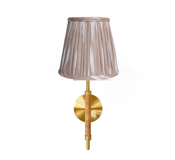 Brass sconce-rechargeable rattan sconce-rattan wrapped sconce- bedroom sconce- Ikat sconce shade-Ikat lampshade- sconce-brass and rattan