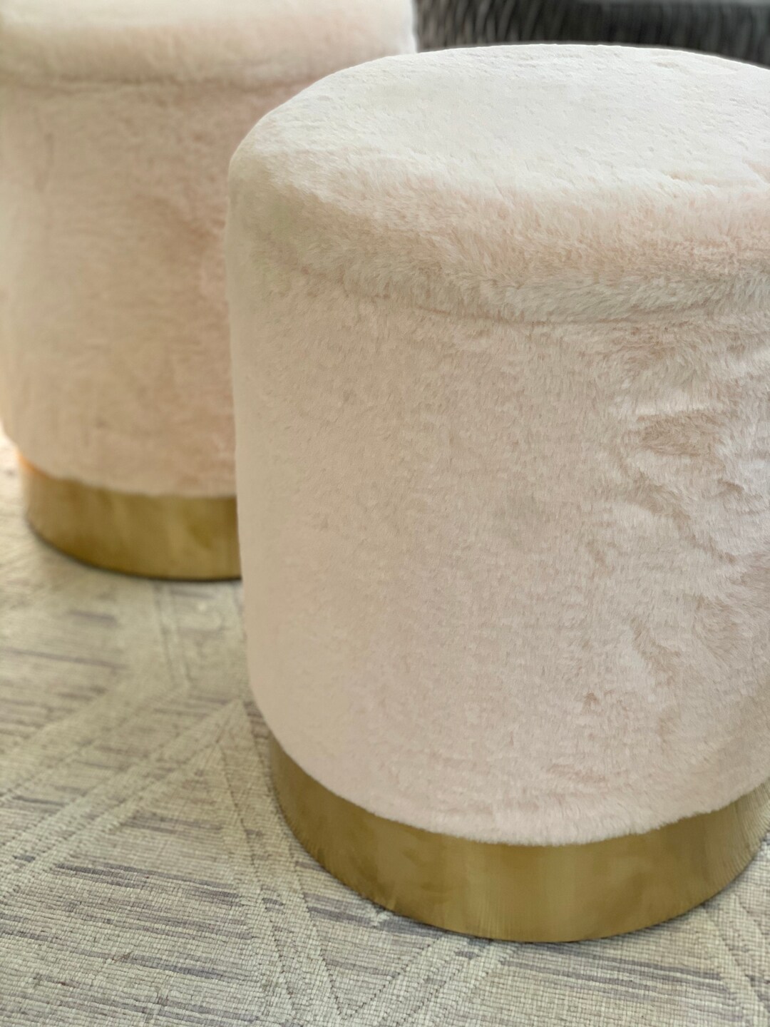 Set of Faux Fur Blush Colored Storage Ottoman Stoolsstorage Ottoman