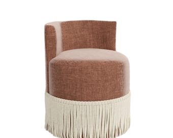 Round custom upholstered velvet ottoman with fringe-bullion fringe vanity chair-round custom vanity chair-custom fringe ottoman-bullion