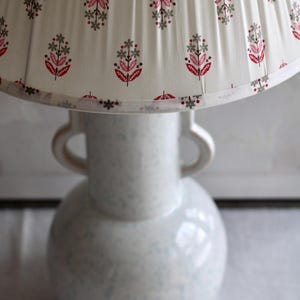 Ceramic lamp with handles + cotton pleated block printed lampshade-block print lampshade- printed lampshade- blue speckled ceramic lamp-