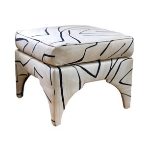 Kelly Wearstler Graffito ottoman- linen ottoman - Custom upholstery -designer -  self welt trim - Small bench - square stool -designer stool