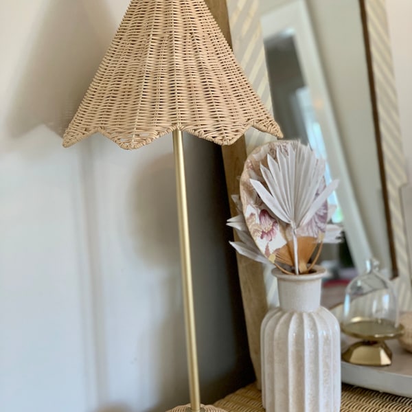 Wicker lamp- Parasol lamp-scalloped lamp shade- brass and wicker lamp-rattan table lamp-wicker table lamp- coastal lamp- chinoiserie lamp-