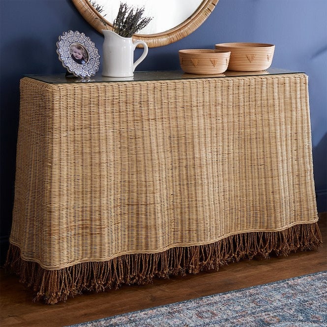 Trompe L Oeil Console Table Wicker Rattan Trompe L Oeil Console Table Wicker, Wicker Sofa Table With Glass Top