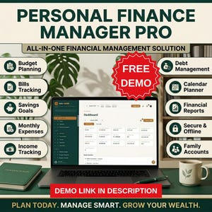 May include: A laptop displaying a financial dashboard titled Personal Finance Manager Pro. The screen shows budget planning, bills tracking, savings goals, monthly expenses, income tracking, debt management, calendar planner, and financial reports.