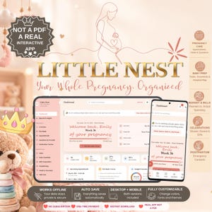 May include: A digital pregnancy organizer app titled Little Nest, displayed on a tablet and smartphone screen. The interface features a dashboard with pregnancy tracking, appointment lists, and budget tools in a soft pink and white color scheme.