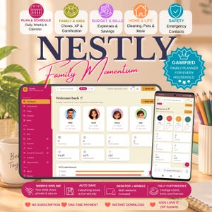 May include: A digital family planner interface titled Nestly Family Momentum displayed on a tablet and smartphone. The dashboard features user profiles, task lists, budget tracking, and an XP leaderboard. Icons represent categories like chores, bills, and safety.