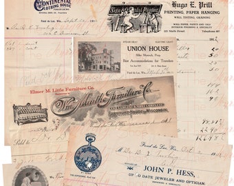 Puede incluir: Una colección de tarjetas de visita y recibos antiguos de principios del siglo XX. Las tarjetas presentan los nombres de empresas como The Continental Clothing House, Wm. Mathe Furniture Co., Union House, Hugo E. Prill, John P. Hess y Breister's Prescription Drug Store. Los recibos incluyen notas escritas a mano y fechas.
