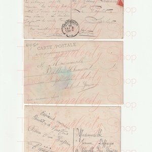 May include: Three vintage postcards with handwritten messages in French. The top postcard has a red stamp and a blue stamp. The middle postcard has a blue stamp. The bottom postcard has a handwritten message that says "Esp&eacute;rons vous revoir bient&ocirc;t &agrave; Nous tous Adieu avec un rayon".