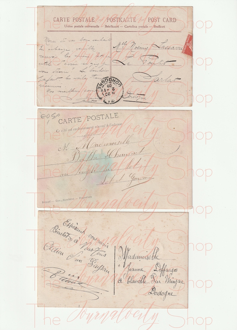 May include: Three vintage postcards with handwritten messages in French. The top postcard has a red stamp and a blue stamp. The middle postcard has a blue stamp. The bottom postcard has a handwritten message that says "Esp&eacute;rons vous revoir bient&ocirc;t &agrave; Nous tous Adieu avec un rayon".
