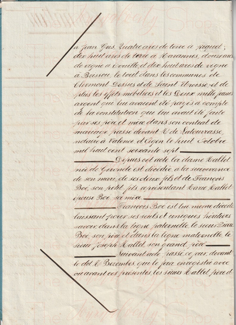 May include: A handwritten document in French, likely a legal document, detailing the transfer of property and inheritance. The document mentions a woman named Wallet, her sons, and a man named Francois Boe.