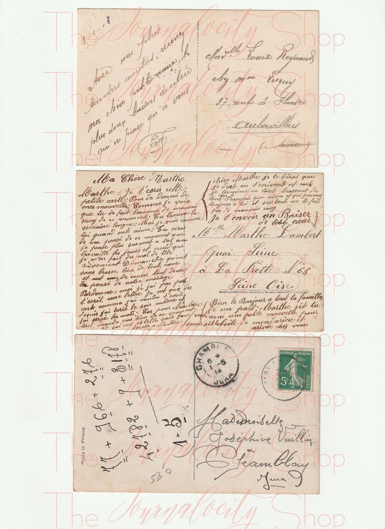 May include: A vintage postcard with handwritten text in French. The postcard features a stamp from the French post office. The text on the postcard reads "11 + 966 + 276 = 42188 + 9 + 8!!" and "Made in France".
