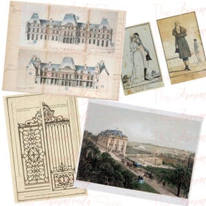Puede incluir: Una colección de grabados e ilustraciones arquitectónicas vintage. Las imágenes incluyen dibujos detallados de un castillo, una puerta decorativa y escenas de personas con ropa de época. La paleta de colores es apagada con tonos sepia.