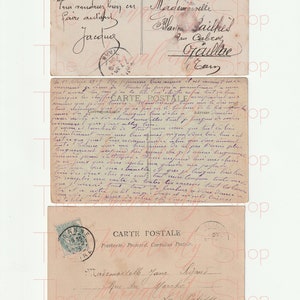 May include: Three vintage postcards with handwritten messages in French. The top postcard has a message addressed to Mademoiselle Wave Sailkes in Cabroe, Goulltre. The middle postcard has a handwritten message in French. The bottom postcard has a message addressed to Mademoiselle Jane Sigour in Val d'Allier.