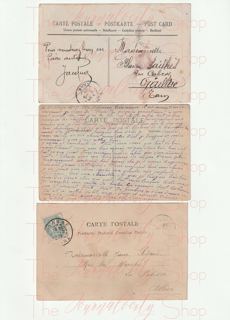 May include: Three vintage postcards with handwritten messages in French. The top postcard has a message addressed to Mademoiselle Wave Sailkes in Cabroe, Goulltre. The middle postcard has a handwritten message in French. The bottom postcard has a message addressed to Mademoiselle Jane Sigour in Val d'Allier.