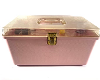 Vintage Pink Sewing Box with clear Lid includes Vintage Pin Cushions and Notions