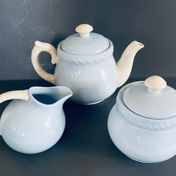 Homer Laughlin Kraft Blue 3 Piece Tea Set, Tea Pot, Sugar Bowl, Creamer