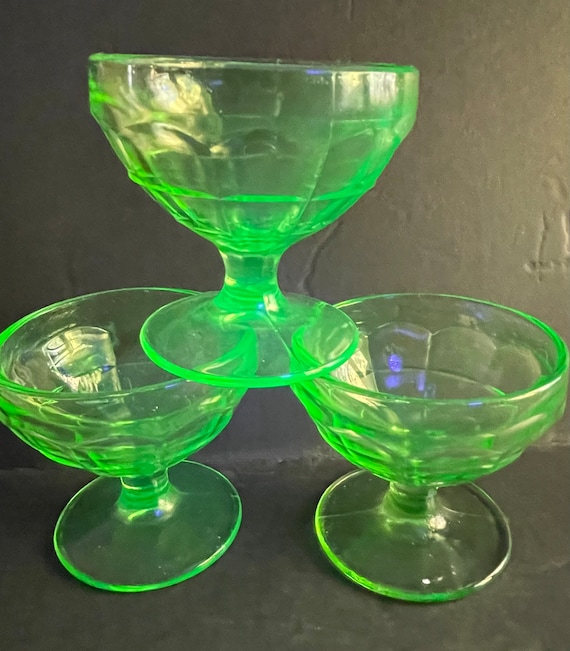 Vintage Set of 3 Uranium Green Depression Glass Sherbet Dessert Bowl