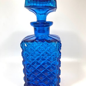 Vintage Midcentury Coblat Blue Diamond Cut Pressed Glass Decanter, Vintage Barware, MCM Barware