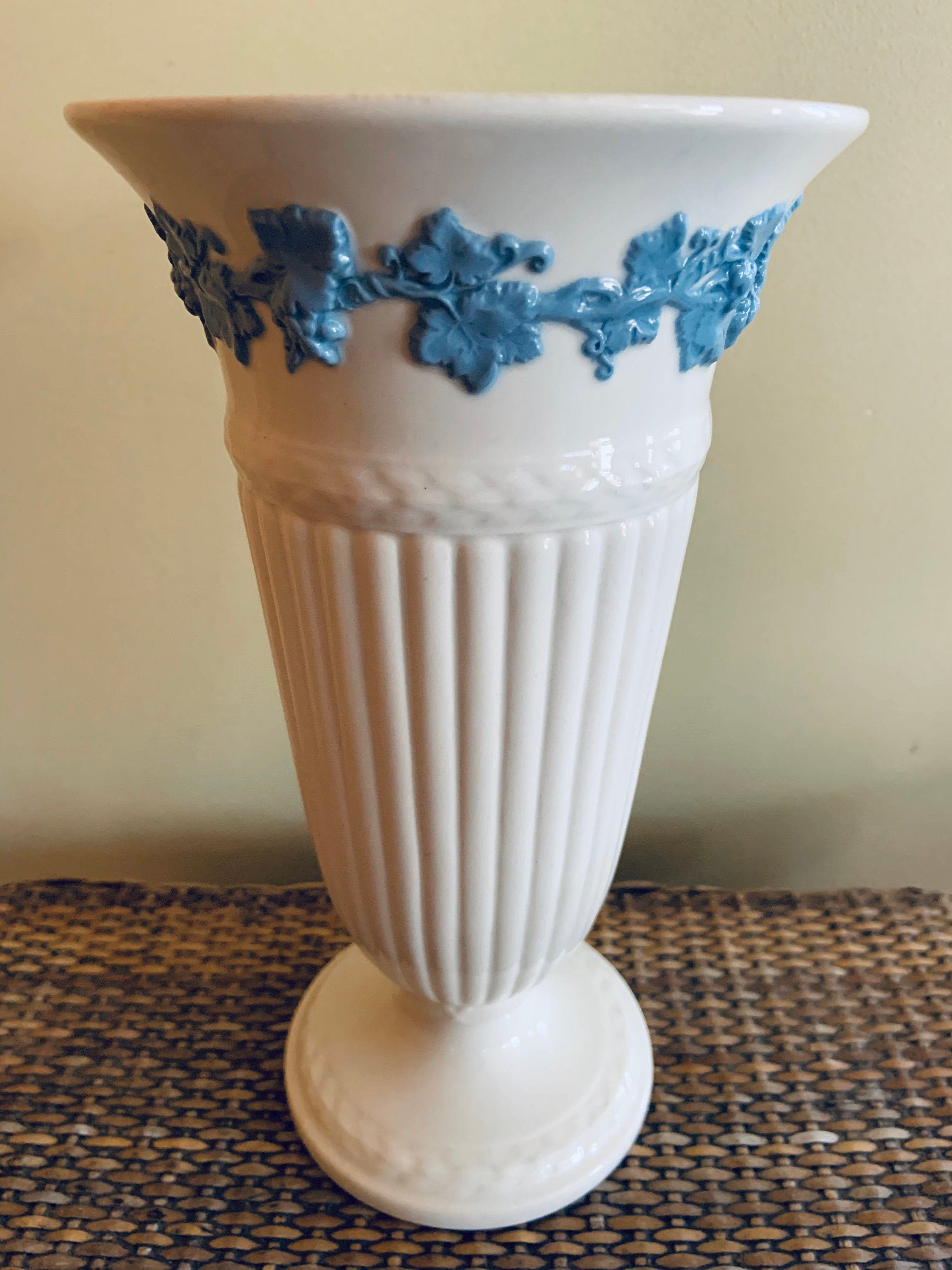 Wedgewood Vase Embossed Queensware White with Blue 9 Vintage Etsy