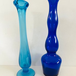 MCM Vintage pair of Blue Glass Bud Vases Turquoise and Cobalt