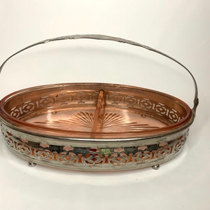 Vintage Pink Depression Glass Divided Dish in Silver Metal Basket