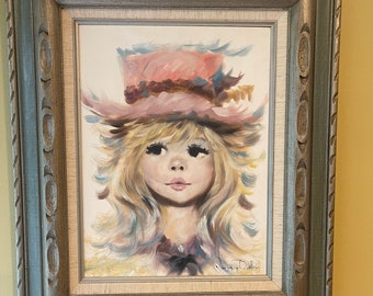 MCM Big Eyes Girl Oil Painting, Framed Art