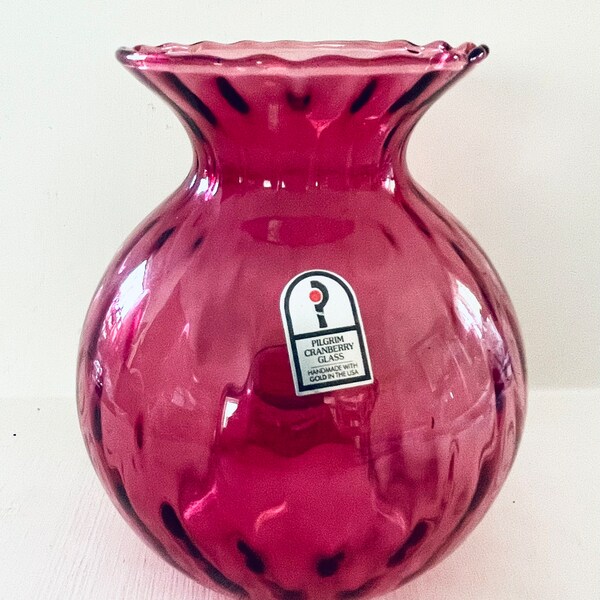 Vintage Pilgrim Glass Cranberry Round Bottom 5 1/2” Vase Hand Blown Thumbprint Design