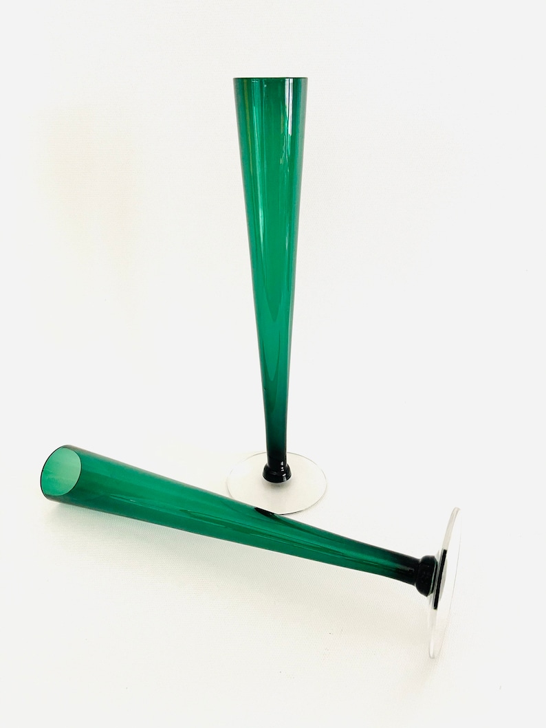 Vintage Pair of Tall Emerald Green Glass Vases