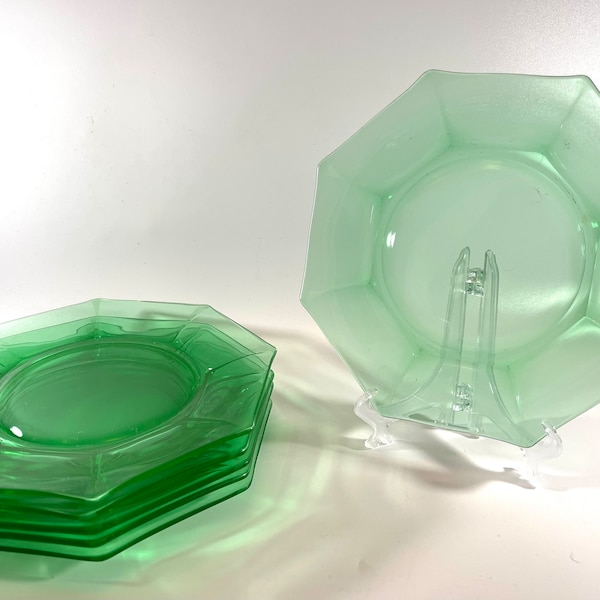 Uranium Glass Green Depression Glass Hexagonal 8”Plates Set of 6