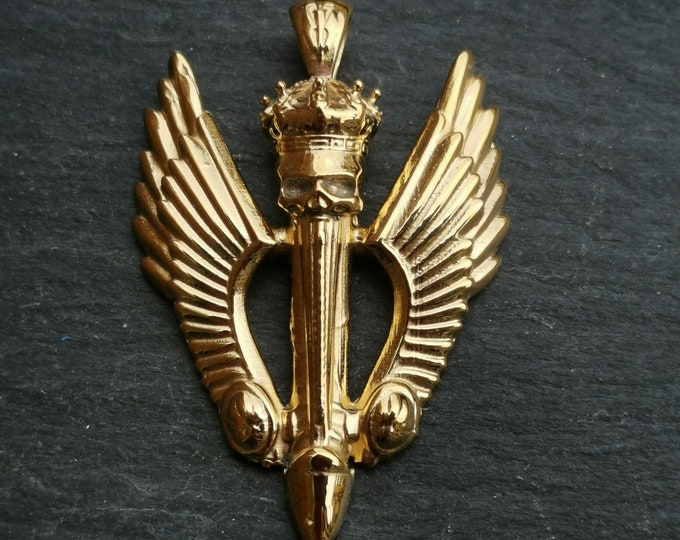 Phalluserectus necklace Winged penis with a skull decorated with a royal crown Symbol for love brass gold plated by Robert Christoph