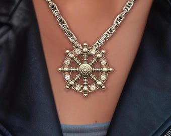 Dharma wheel. Silver 925, Dharma chakra jewelry, with rhinestone crystal